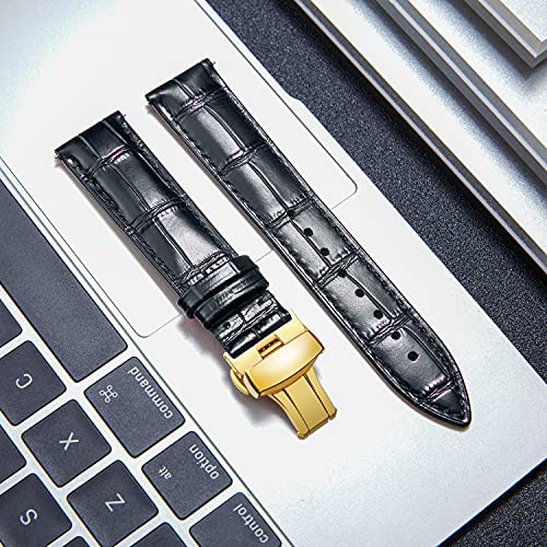BINLUN Leather Watch Strap: 17mm Black Gold 100 Deals