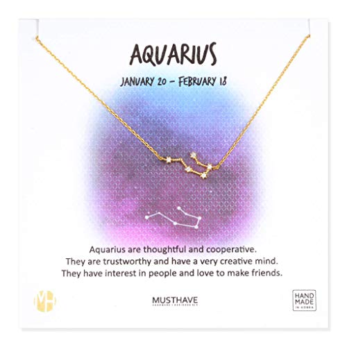 MUSTHAVE Zodiac 18K Gold Plated CZ Necklace with Message Card, Yellow Gold Color, Anchor Chain, Best Gift Necklace, Size 16 inch + 2 inch Extender, Zodiac Pendant, Constellation, Gift Card (Aquarius) 100 Deals