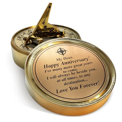 OakiWay Anniversary Sundial Compass Gift for Him or Her - Unique Gift Ideas for Husband or Wife, Men Wedding Anniversary 50th 40th 25th 20th Year Celebration, Gift Card Included - Brass Gold Color 100 Deals