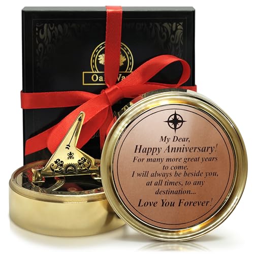 OakiWay Anniversary Sundial Compass Gift for Him or Her - Unique Gift Ideas for Husband or Wife, Men Wedding Anniversary 50th 40th 25th 20th Year Celebration, Gift Card Included - Brass Gold Color 100 Deals