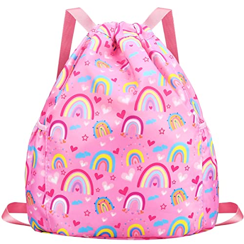 RHCPFOVR Kids Rainbow Drawstring Backpack with Water Bottle Holder 100 Deals