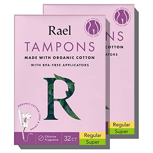 Rael Tampons, Plastic Applicator Made with Organic Cotton Core - Tampons Multipack, Regular and Super Absorbency, BPA-Free, Leak Locker Technology, Unscented, Chlorine Free (64 Count, Bundle) 100 Deals