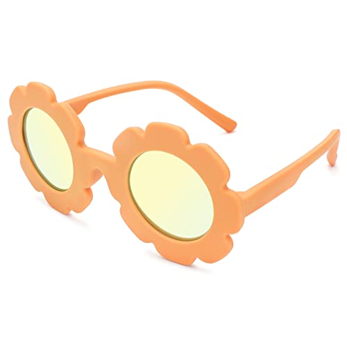 Sandy Brown Polarized Sunglasses for Toddlers | Oversized Round Flower Shades, UV 400 Protection | Ages 2-6 | Matte Orange/Gold Mirror