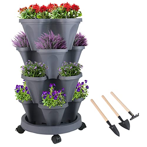 Vertical Planter 4 Tier Stackable Planters Garden Tower Planters Strawberry Herb Flower and Vegetable Planter Indoor Outdoor Gardening Pots with Removable Wheels and Tools | Physical | Amazon, GameXcel, Lawn & Patio, Planters | GameXcel