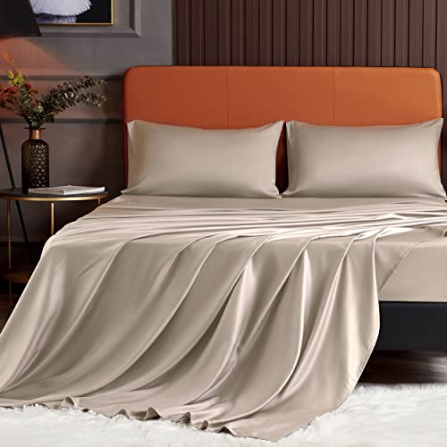 YIYEA 100% Organic Viscose Bamboo Sheets Twin - Premium 400 Thread Count Cooling Sheet Set, 16 Inch Deep Pocket, Silky, Soft, Breathable Viscose Bamboo Bed Sheets for Hot Sleeper (Twin, Beige) | Physical | Amazon, Fitted Sheets, Home, YIYEA | YIYEA