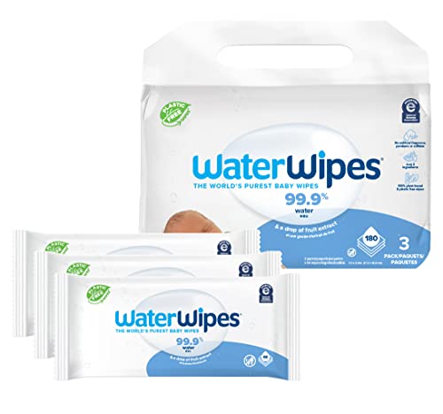 WaterWipes Plastic-Free Original Baby Wipes, 99.9% Water Based Wipes, Unscented & Hypoallergenic for Sensitive Skin, 180 Count (3 packs), Packaging May Vary | Physical | Amazon, Drugstore, WaterWipes, Wipes & Refills | WaterWipes