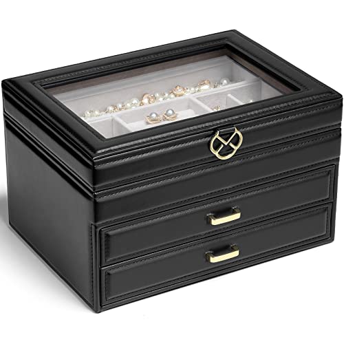 Vlando 3-Layer Jewelry Box for Women Girls - Jewelry Organizer Box with Glass Lid - Jewelry Storage Box with 2 Drawers for Necklace Rings, Earrings, Bracelet - Black | Physical | Amazon, Home, Jewelry Boxes, Vlando | Vlando