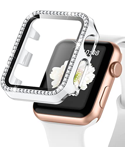 ZAROTO Hard PC Case with Tempered Glass Screen Protector for Apple Watch SE, Overall Protective Case for iWatch 42mm, Bling Diamond Protector Compatible with Series 3 2/1 42mm Sliver White | Physical | Amazon, Smartwatch Screen Protectors, Wireless, ZAROTO | ZAROTO