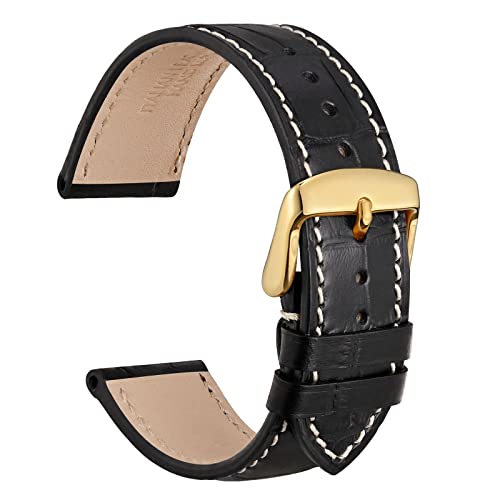 WOCCI 21mm Watch Band, Italian Leather, Embossed Alligator Grain, Gold Buckle (Black/Beige Stitching) | Physical | Amazon, Watch, Watch Bands, WOCCI | WOCCI
