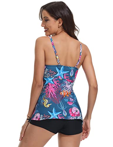 Women Blue Pattern Bathing Suit Tops Modest Swimwear 2 Piece Tummy Control Swimsuits S