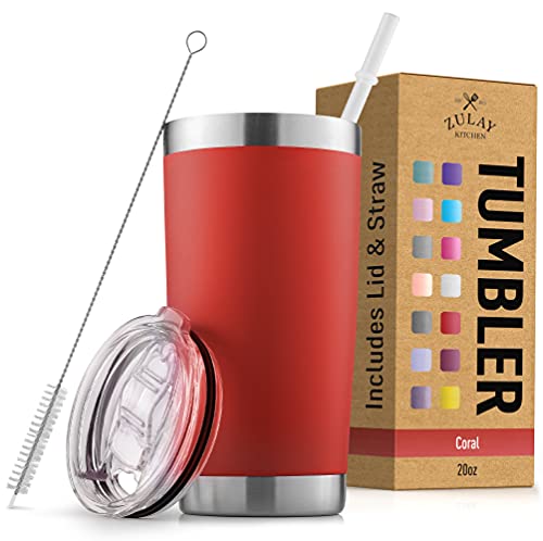 Zulay 20oz Stainless Steel Tumbler With Lid and Straw - Sweat-Free Travel Coffee Mug Tumbler Cups - Double Walled Insulated Travel Mug For Hot and Cold Drinks (Coral) | Physical | Amazon, Kitchen, Tumblers & Water Glasses, Zulay Kitchen | Zulay Kitchen