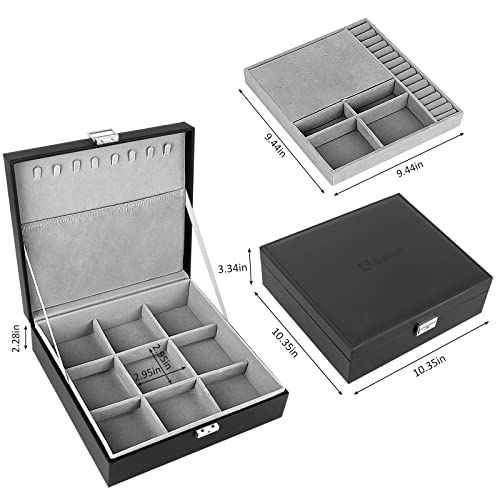 Dark Slate Gray SIMBOOM Jewelry Box Organizer for Women Girls, 2 Layer Large Jewelry Display Storage Case for Rings Earrings Necklaces Bracelets Watches, PU Leather Mens Jewelry Organizer Boxes with Lock, Black