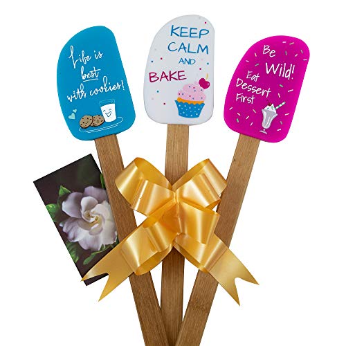 3 Piece Fun Silicone Spatula Gift Set with lovely bow and photo gift card. Easy clean, durable, high temperature and stain resistant. Bamboo handles. Great for gifts, baking, cooking, sauteing.