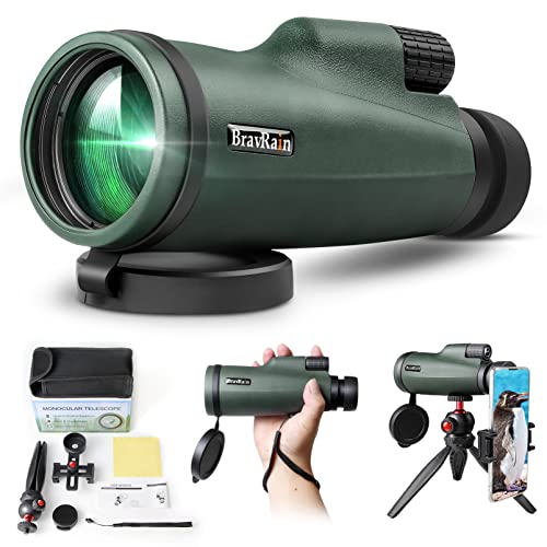 15x50 Monocular Telescope for Smartphone - High Powered Adult Monoculars with Clear Low Light Vision, Phone Adapter & Tripod - Ideal for Hiking, Hunting, Camping, Bird Watching, Travel - Green Amazon BravRain Camera Monoculars