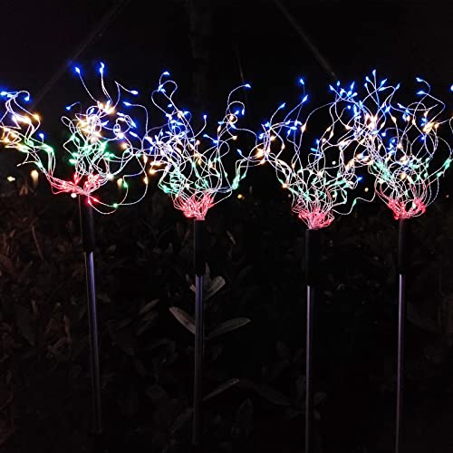 Solar Garden Firework Lights, Outdoor Decorative Lights, 3 Pack 120 LED Waterproof Solar Fireworks Lamp with Remote, 3 Brightness 8 Modes Sparkles Landscape DIY Light for Pathway Party Decor (Colored)