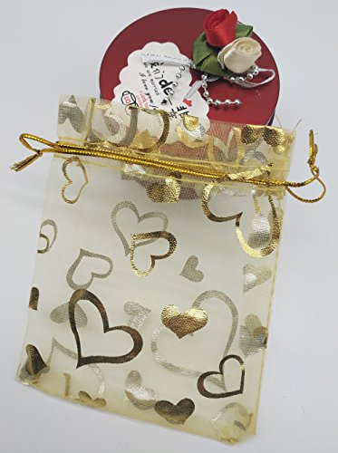 Ankirol 100pcs Mini Sheer Organza Wedding Favor Bags 3.5x4.5'' Luxury Jewelry Candy Gift Card Bags with Gold Line Drawstring Pouches (Gold Heart)