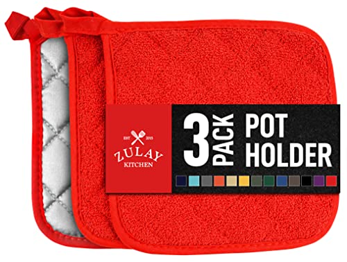 Zulay 3-Pack Pot Holders for Kitchen Heat Resistant Cotton - 7x7 Inch Hot Pot Holder Set - Quilted Terry Cloth Potholders for Kitchens - Washable Potholder for Cooking & Baking (Cherry Red) | Physical | Amazon, Home, Potholders, Zulay Kitchen | Zulay Kitchen
