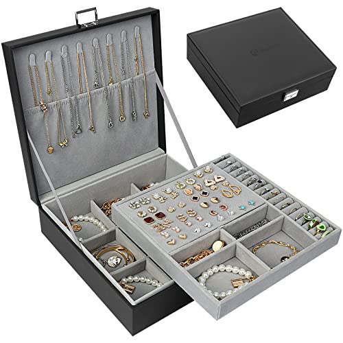 SIMBOOM Jewelry Box Organizer for Women Girls, 2 Layer Large Jewelry Display Storage Case for Rings Earrings Necklaces Bracelets Watches, PU Leather Mens Jewelry Organizer Boxes with Lock, Black | Physical | Amazon, Home, Jewelry Boxes, SIMBOOM | SIMBOOM
