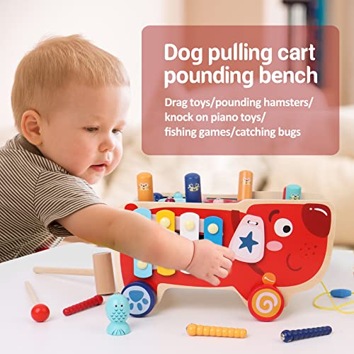 Light Gray SHIERDU Puppy Multifunctional Hammer car, Baby and Toddler Xylophone Gear Toy, Montessori Wooden Toys for Children Over 1 Year Old, Gifts for Boys and Girls