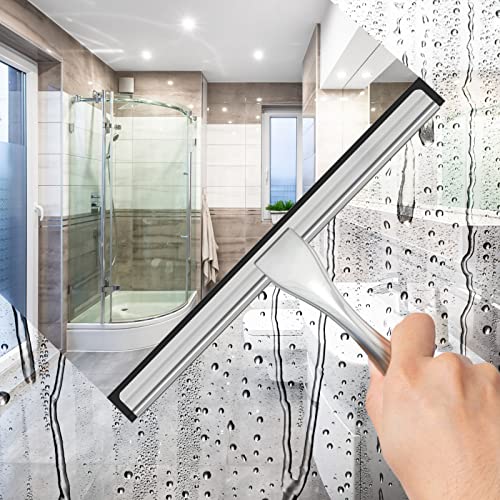 10" Silver Stainless Steel Squeegee for Shower Doors with 2 Adhesive Hooks - All-Purpose Bathroom Cleaner Tool for Home Cleaning, Glass Door, Tile Wall, Car Amazon Docrok Home Windshield Squeegees