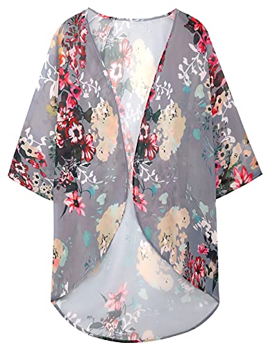 Brand Name: Women's Dark Grey Floral Kimono Top Amazon Apparel CHICGAL Cover-Ups