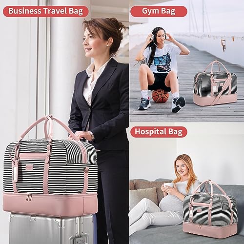 Wogarl Women's Pink Striped Weekender Duffel Bag