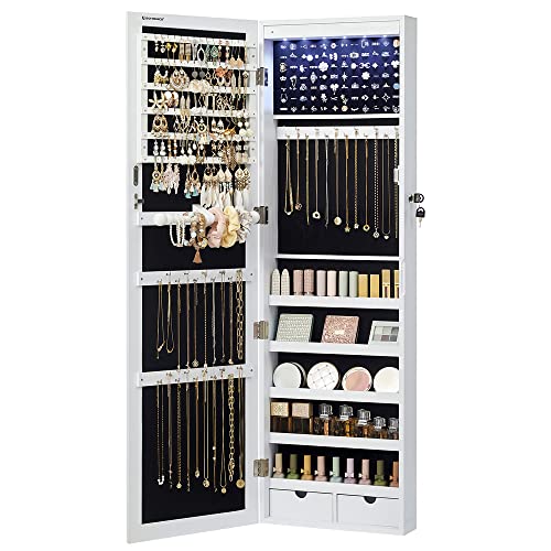 SONGMICS 6 LEDs Mirror Jewelry Cabinet, 47.2-Inch Tall Lockable Wall or Door Mounted Jewelry Armoire Organizer with Mirror, 2 Drawers, 3.9 x 14.6 x 47.2 Inches, White UJJC93W | Physical | Amazon, Home, Jewelry Armoires, SONGMICS | SONGMICS