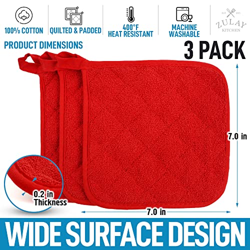 Firebrick Zulay 3-Pack Pot Holders for Kitchen Heat Resistant Cotton - 7x7 Inch Hot Pot Holder Set - Quilted Terry Cloth Potholders for Kitchens - Washable Potholder for Cooking & Baking (Cherry Red)