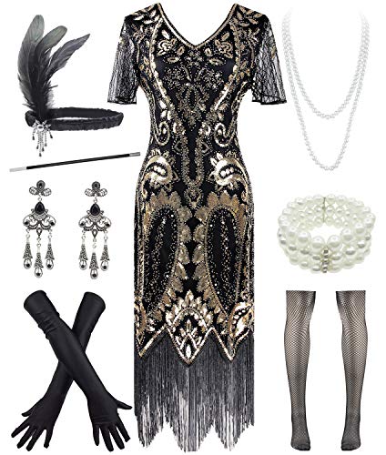 1920s Vintage Peacock Sequin Fringed Party Flapper Dress w 20s Accessories Set (L, Style A Black Gold) | Physical | Accessory Sets, Amazon, Apparel, YENMILL | YENMILL