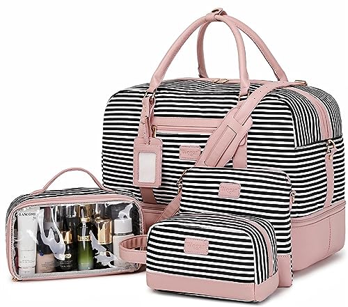 Wogarl 4PCS Weekender Bags for Women Large Overnight Bag Weekend Travel Duffel Bag Carry on Shoulder with Shoe Compartment Canvas Toiletry Bag for Travel Business Gym,Pink Striped | Physical | Amazon, Luggage, Travel Duffels, Wogarl | Wogarl