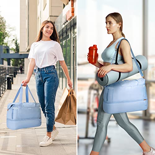 Light Gray Gym Bag for Women, Sports Travel Duffel Bag with USB Charging Port, Weekender Overnight Bag with Wet Pocket and Shoes Compartment for Women Travel, Gym, Yoga (Blue) Medium