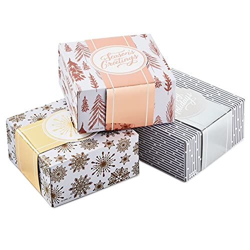 Hallmark 4" Small Metallic Gift Box Set with Wrap Bands (3 Boxes: Rose Gold "Season's Greetings", Silver "Happy Holidays", Gold Snowflake) for Christmas, Hanukkah, Winter Solstice, Weddings (0005XBC1126)