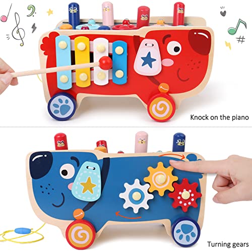 Dark Slate Blue SHIERDU Puppy Multifunctional Hammer car, Baby and Toddler Xylophone Gear Toy, Montessori Wooden Toys for Children Over 1 Year Old, Gifts for Boys and Girls
