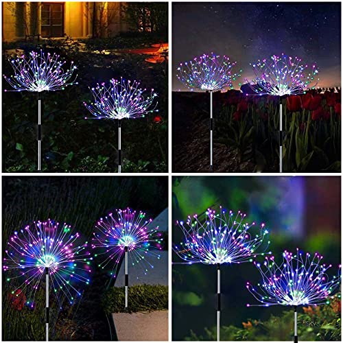 Solar Garden Firework Lights, Outdoor Decorative Lights, 3 Pack 120 LED Waterproof Solar Fireworks Lamp with Remote, 3 Brightness 8 Modes Sparkles Landscape DIY Light for Pathway Party Decor (Colored)