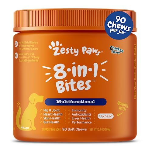 Zesty Paws Multivitamin Treats for Dogs - Glucosamine Chondroitin for Joint Support + Digestive Enzymes & Probiotics - Grain Free Dog Vitamin for Skin & Coat + Immune Health - Chicken Flavor - 90ct | Physical | Amazon, Multivitamins, Pet Products, Zesty Paws | Zesty Paws