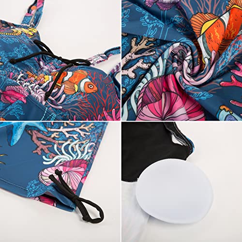 Women Blue Pattern Bathing Suit Tops Modest Swimwear 2 Piece Tummy Control Swimsuits S
