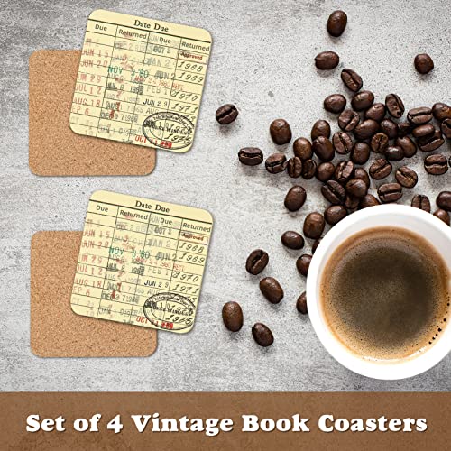 Vintage Library Due Date Card Coaster Set, 4pcs Library Card Coasters with Gift Card, Creative Drink Coffee Mug Coaster Literary Decor Library Gifts for Book Lovers Librarians Writers