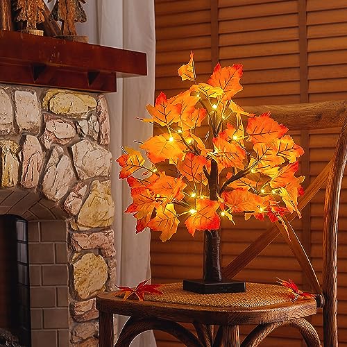 Woohaha 24LED Fall Tree Lighted Maple Tree,Thanksgiving Decoration Maple Leaf Table Tree,Timer Battery Operate Fall Decor Lights for Indoor Outdoor Holiday Autumn Harvest Xmas Party Home Decor