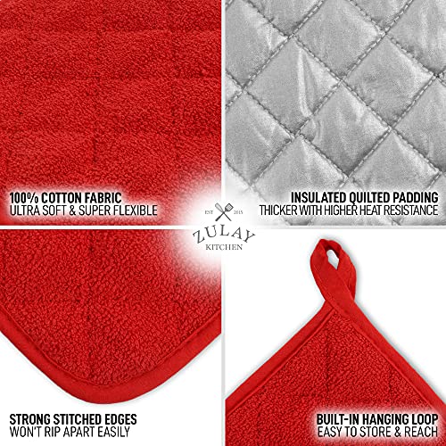 Firebrick Zulay 3-Pack Pot Holders for Kitchen Heat Resistant Cotton - 7x7 Inch Hot Pot Holder Set - Quilted Terry Cloth Potholders for Kitchens - Washable Potholder for Cooking & Baking (Cherry Red)