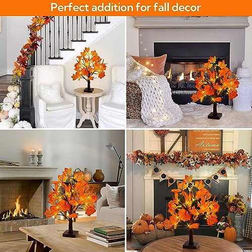 Woohaha 24LED Fall Tree Lighted Maple Tree,Thanksgiving Decoration Maple Leaf Table Tree,Timer Battery Operate Fall Decor Lights for Indoor Outdoor Holiday Autumn Harvest Xmas Party Home Decor