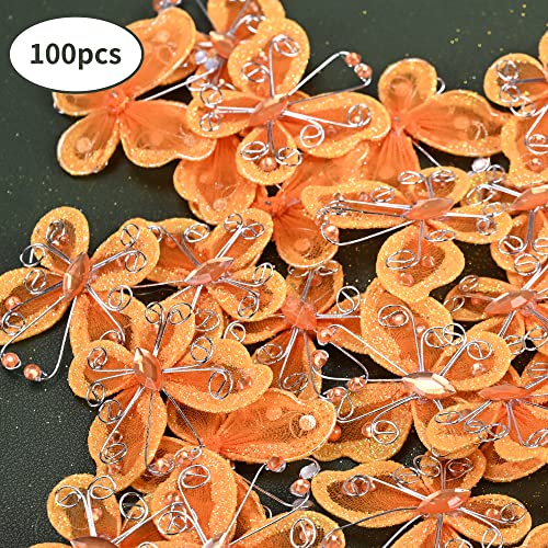 100-Pack Organza Butterflies 2" Fabric Butterflies Nylon Glitter Butterfly for Wedding Party Table Scatter Scrapbook Craft Card Decoration (Orange)